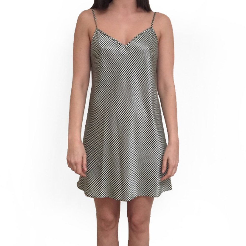 Houndstooth print black white satin mini slip dress